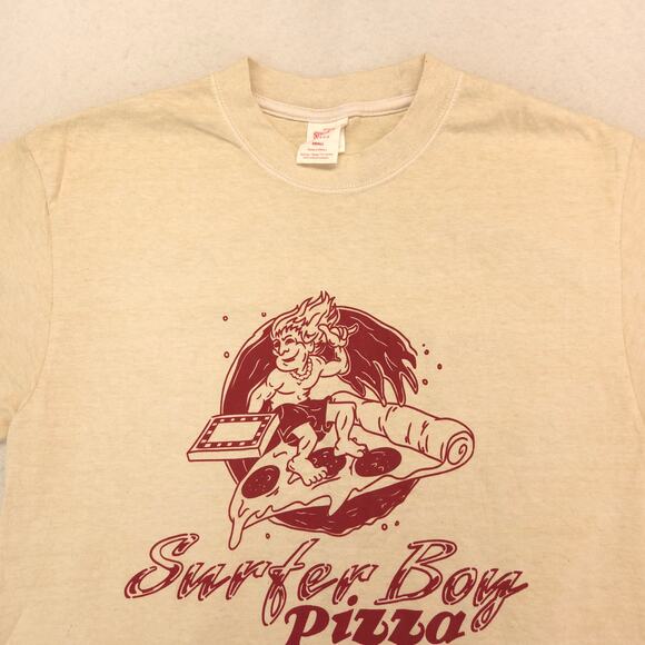 Stranger Things Surfer Bros Pizza Crew Neck Graphic T Shirt Mens Size S Tan - Picture 1 of 9